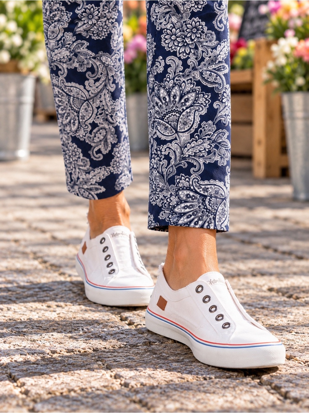 Brand New! Blowfish Malibu White Slip-On Canvas Sneakers with Red & Blue Trim